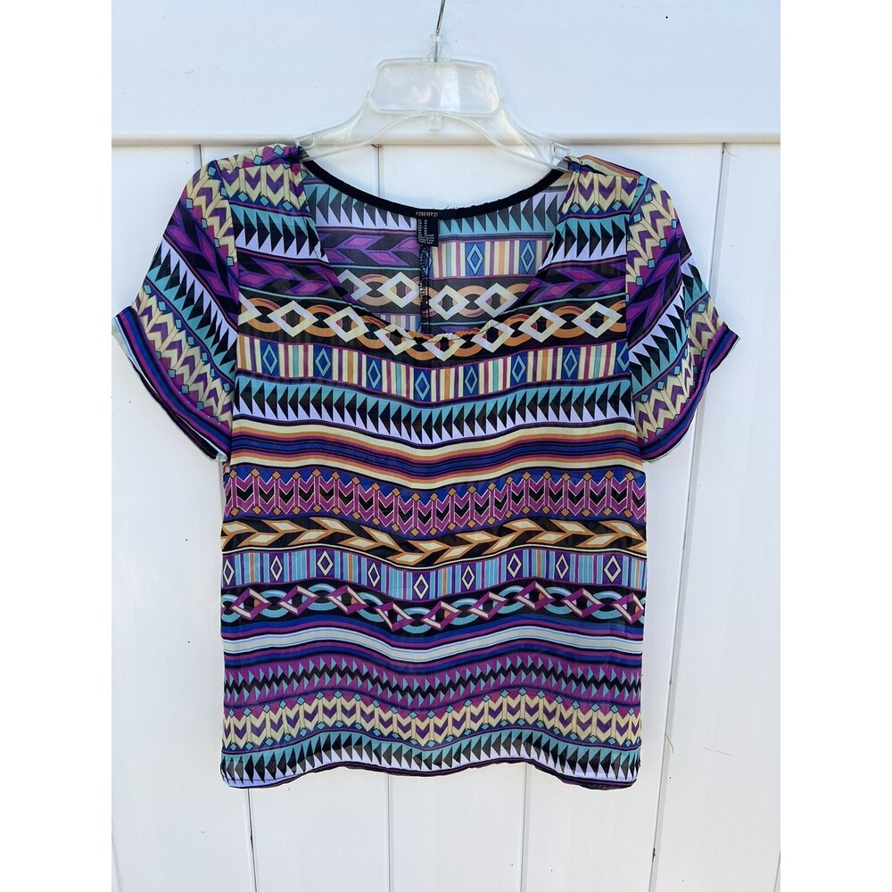 Forever 21 Womens Sheer Top Boho Lightweight Multicolor Aztec Short Sleeve Sz M